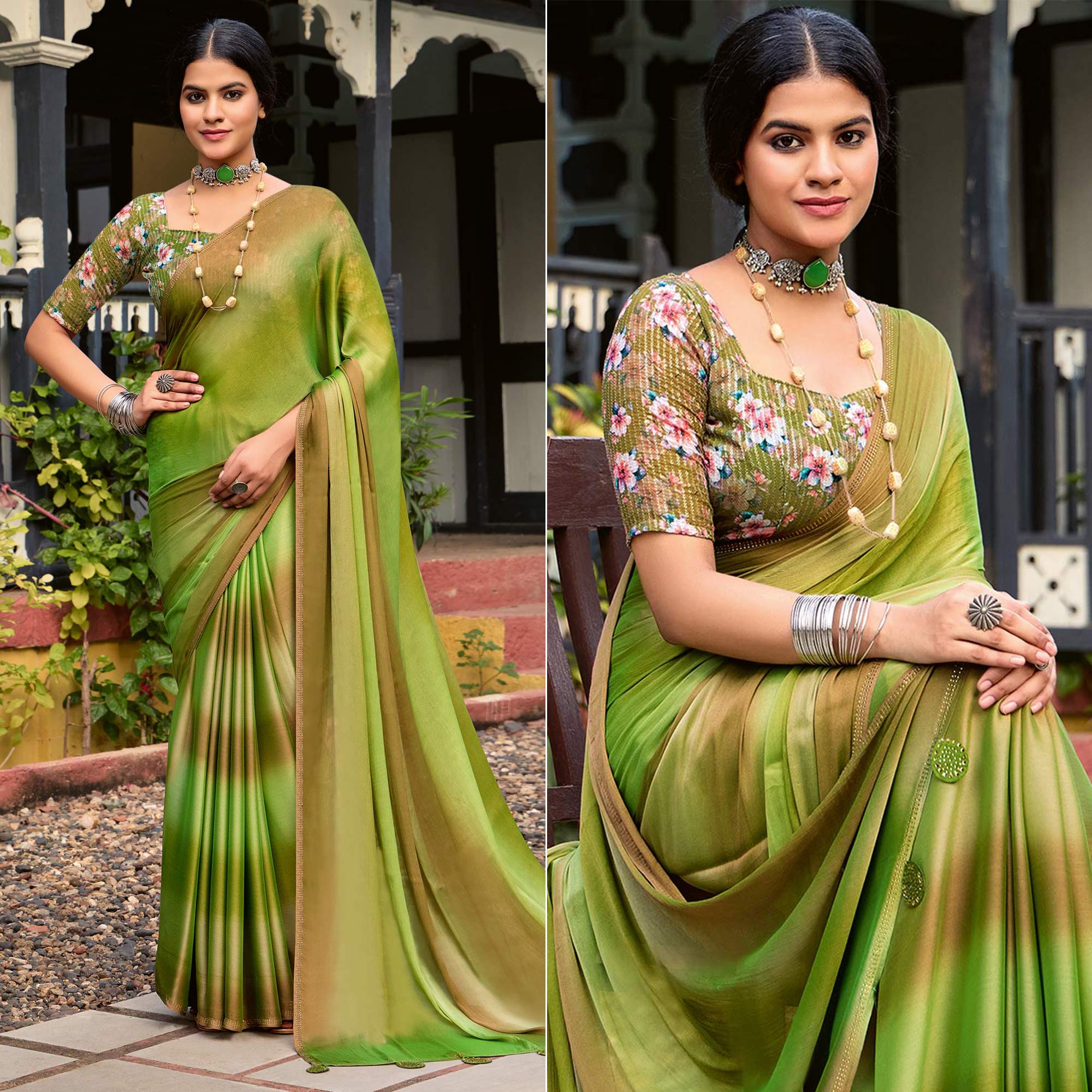 Green Ombre Print Chiffon Sarees