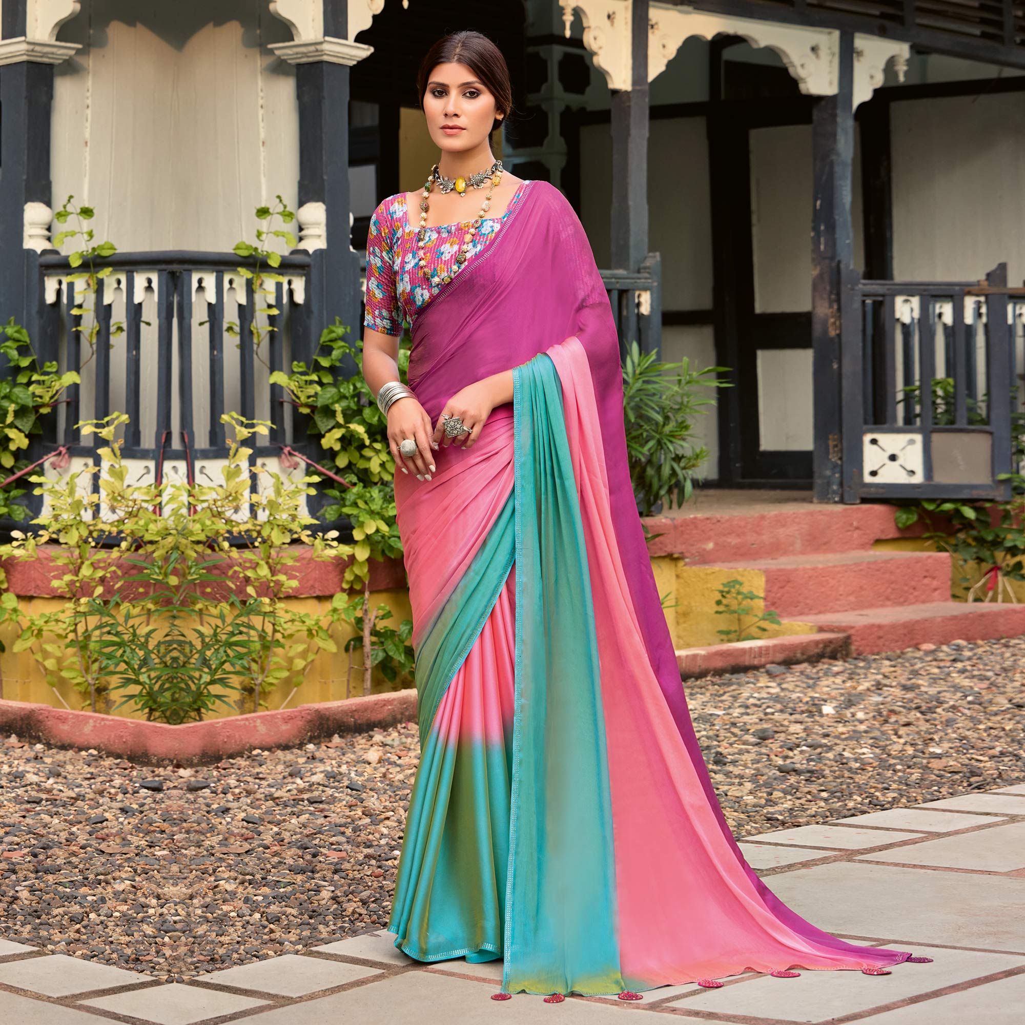 Pink & Turquoise Ombre Print Chiffon Sarees