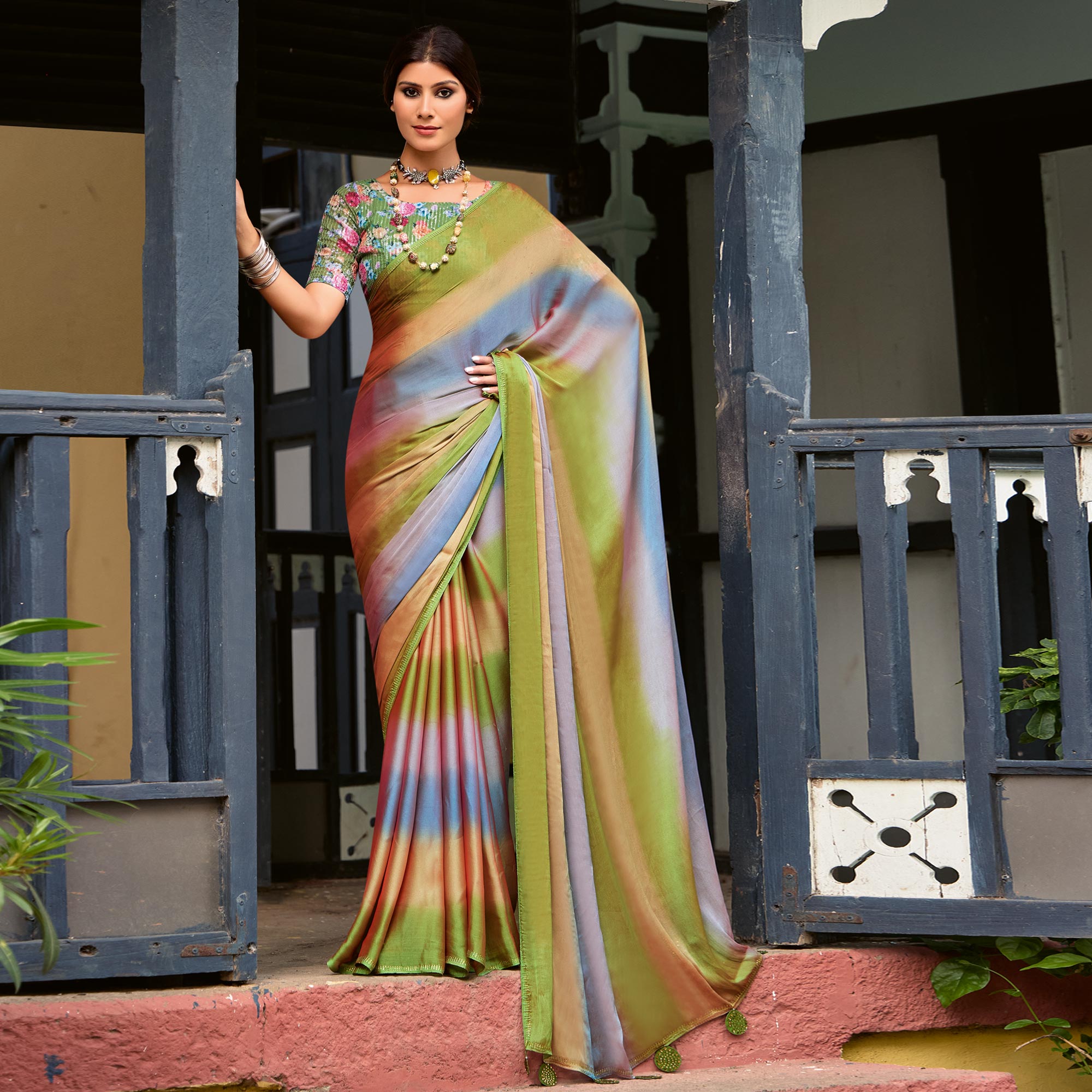 Green & Grey Ombre Print Chiffon Sarees