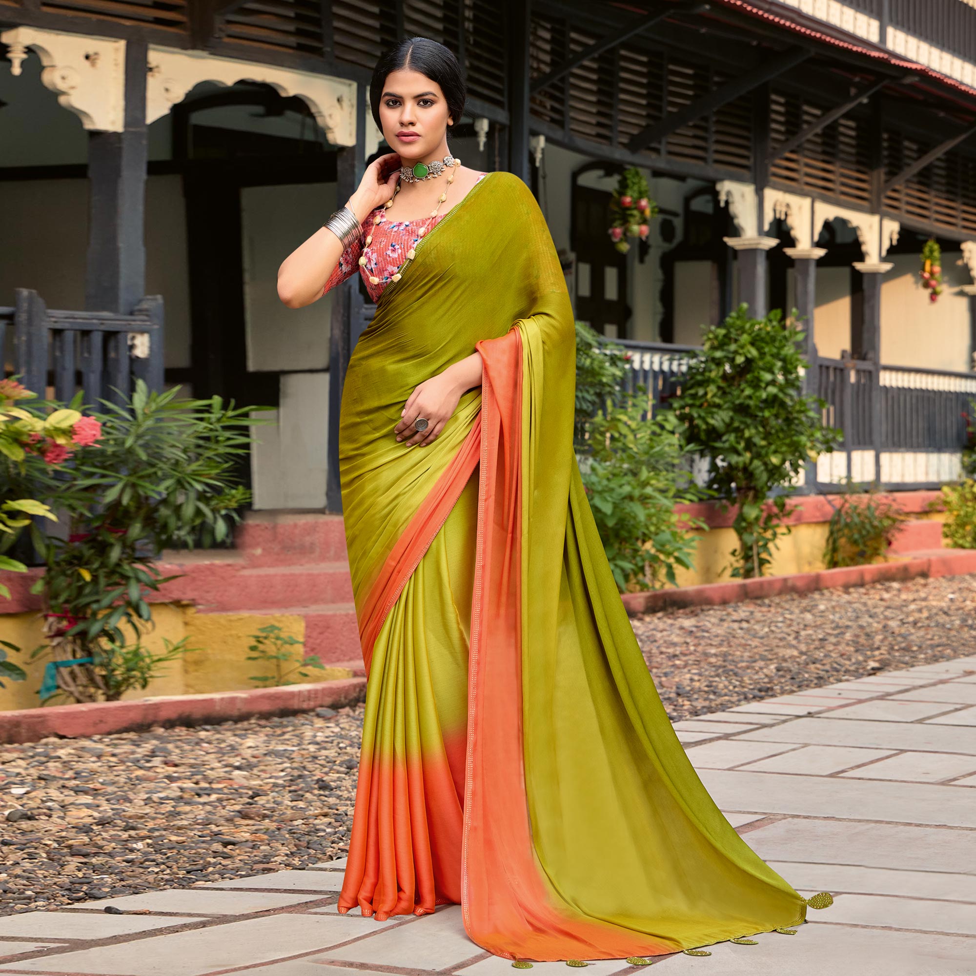 Olive Ombre Print Chiffon Sarees