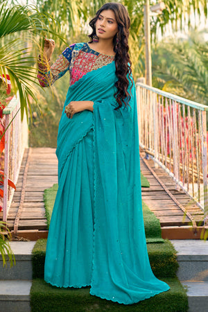 Timeless Blue Cotton Blend Drape Highlighted With Shimmering Mirror Embroidery Work