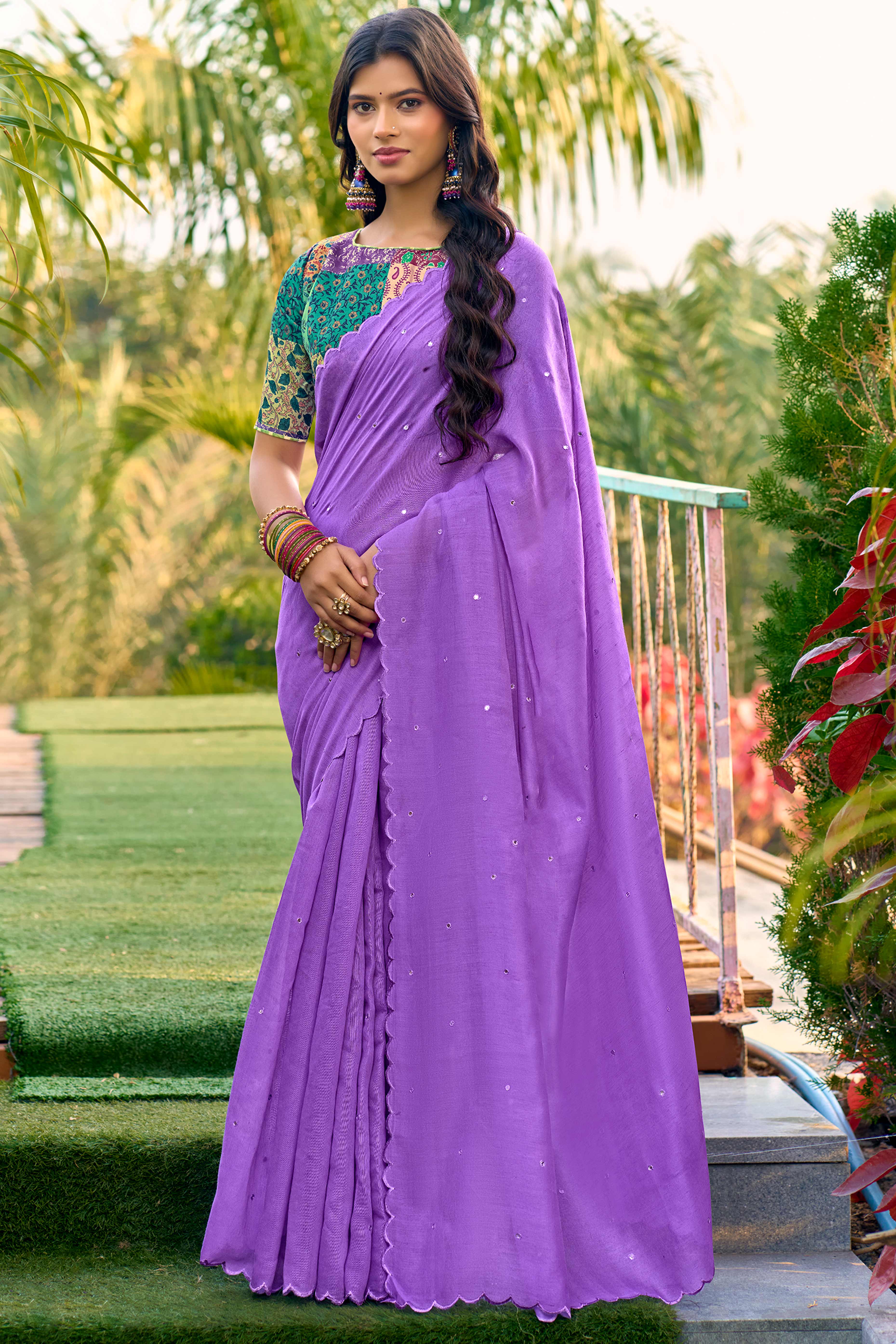 Timeless Purple Cotton Blend Drape Highlighted With Shimmering Mirror Embroidery Work