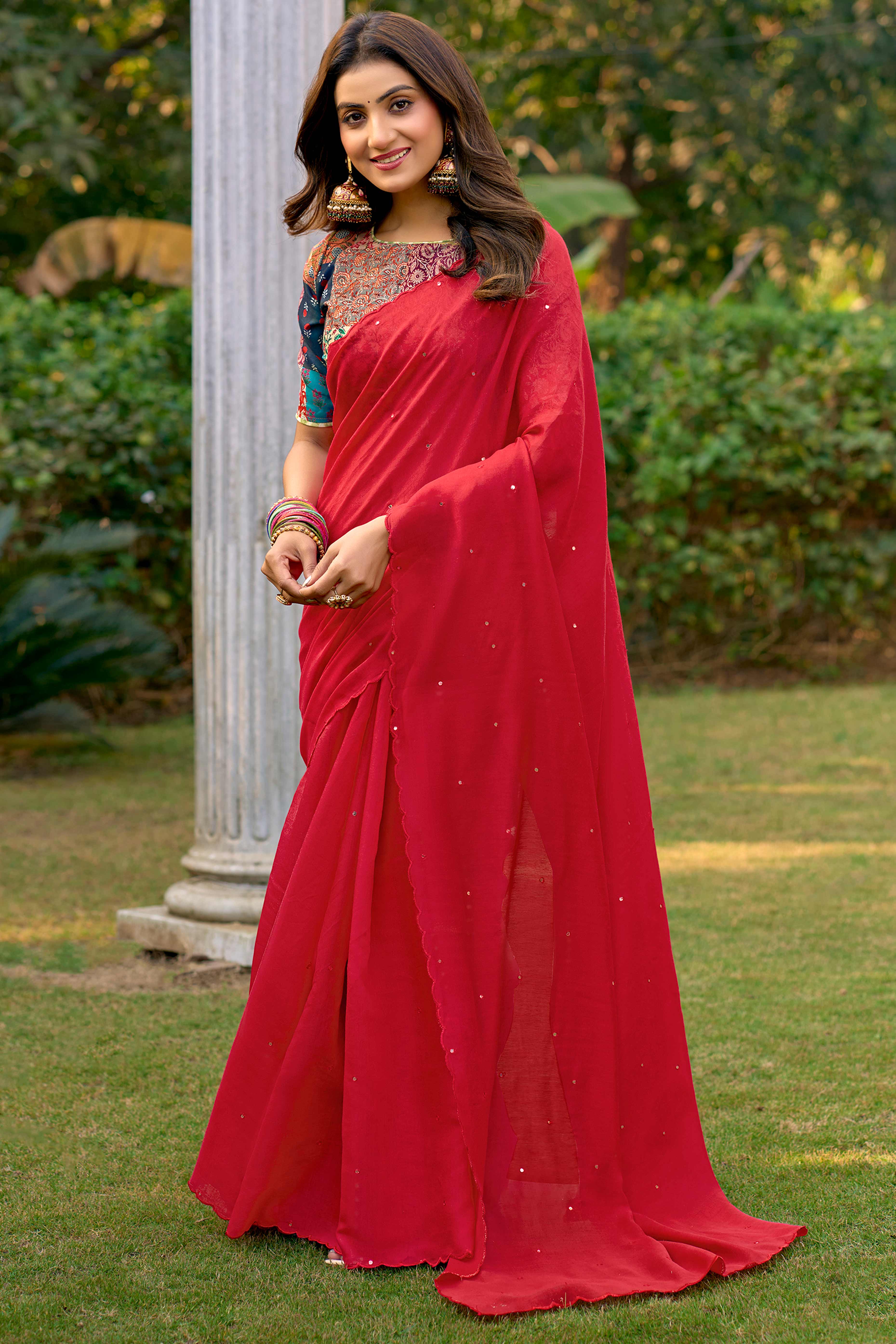 Timeless Cherry Red Cotton Blend Drape Highlighted With Shimmering Mirror Embroidery Work