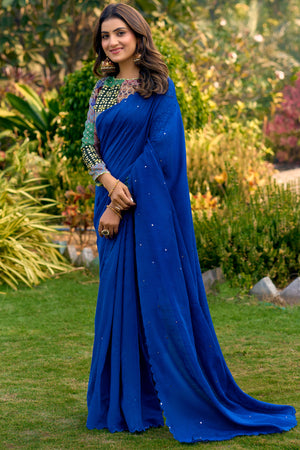 Timeless Royal Blue Cotton Blend Drape Highlighted With Shimmering Mirror Embroidery Work