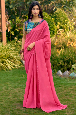 Timeless Pink Cotton Blend Drape Highlighted With Shimmering Mirror Embroidery Work