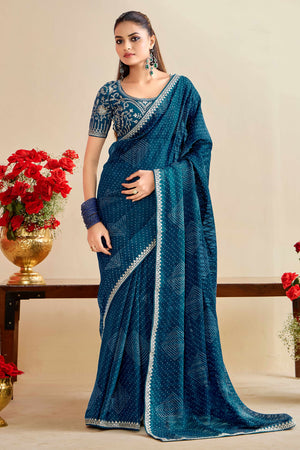 Dark Teal Blue Bandhani Printed Charm In Georgette With Sparkling Sequin Embroidered Border