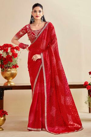 Bright Red Bandhani Printed Charm In Georgette With Sparkling Sequin Embroidered Border