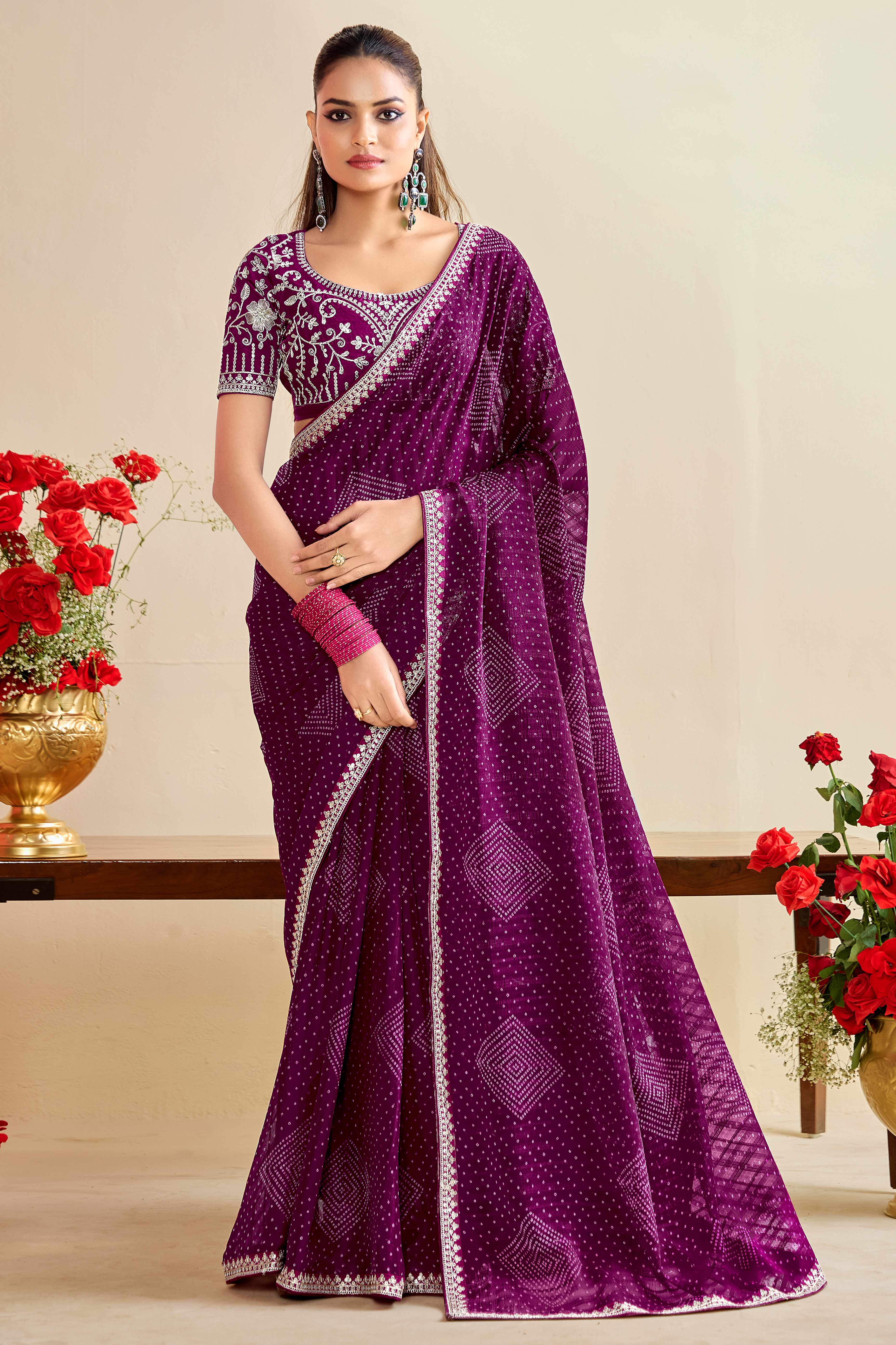 Wine Bandhani Printed Charm In Georgette With Sparkling Sequin Embroidered Border