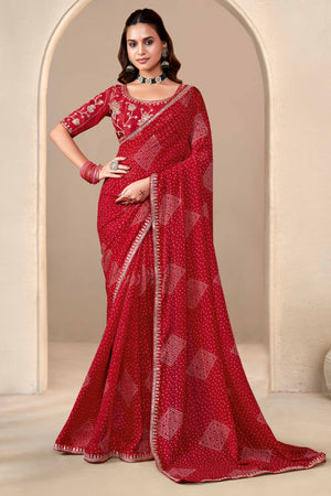 Red Bandhani Printed Georgette Saree Enhanced With Sequins & Cording Embroidered Lace Border