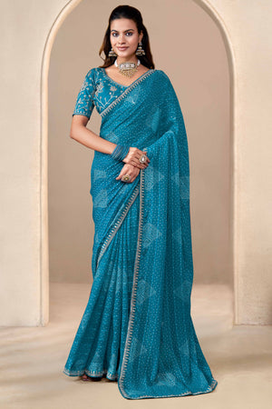 Blue Bandhani Printed Georgette Saree Enhanced With Sequins & Cording Embroidered Lace Border