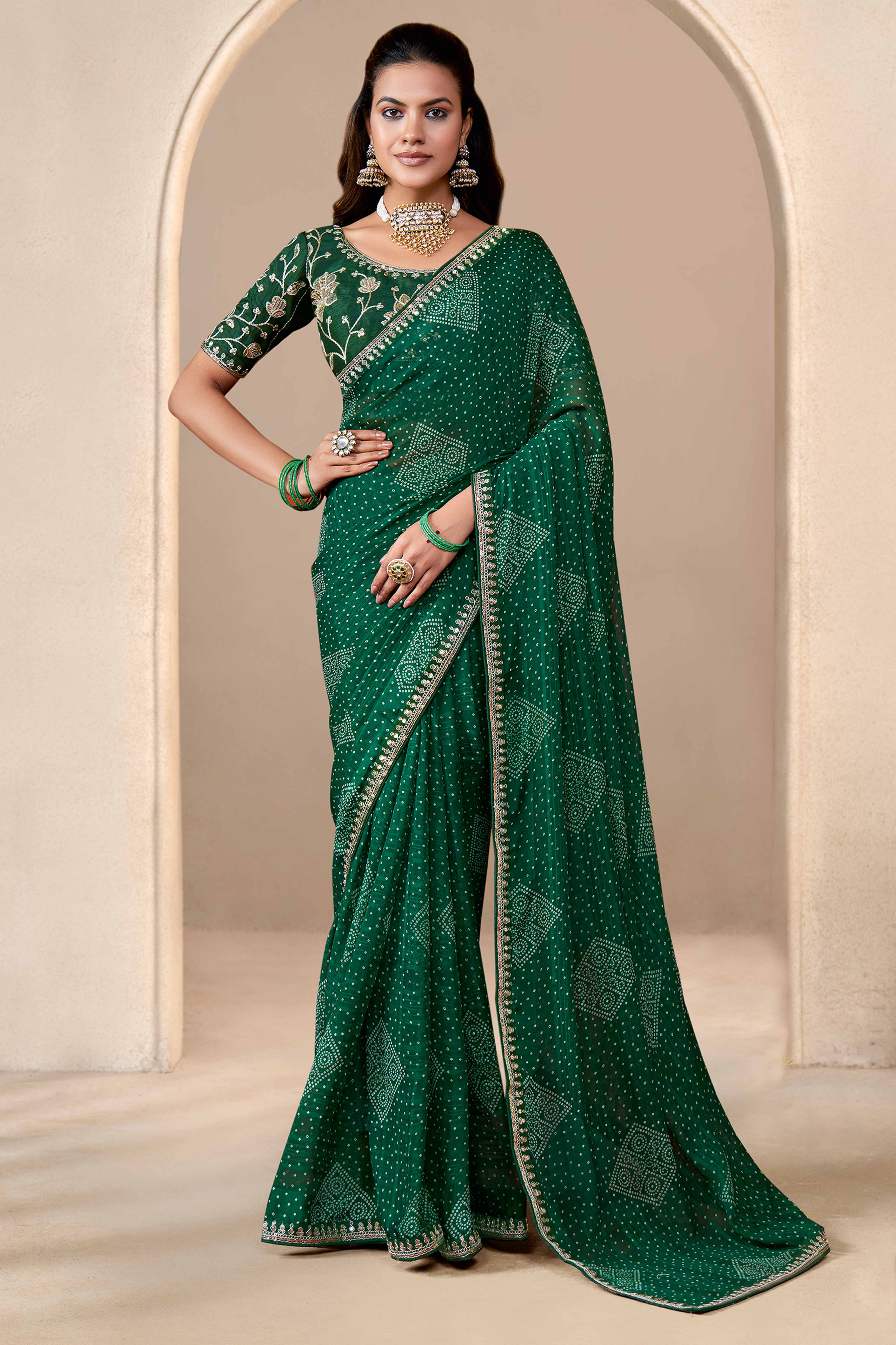 Green Bandhani Printed Georgette Saree Enhanced With Sequins & Cording Embroidered Lace Border