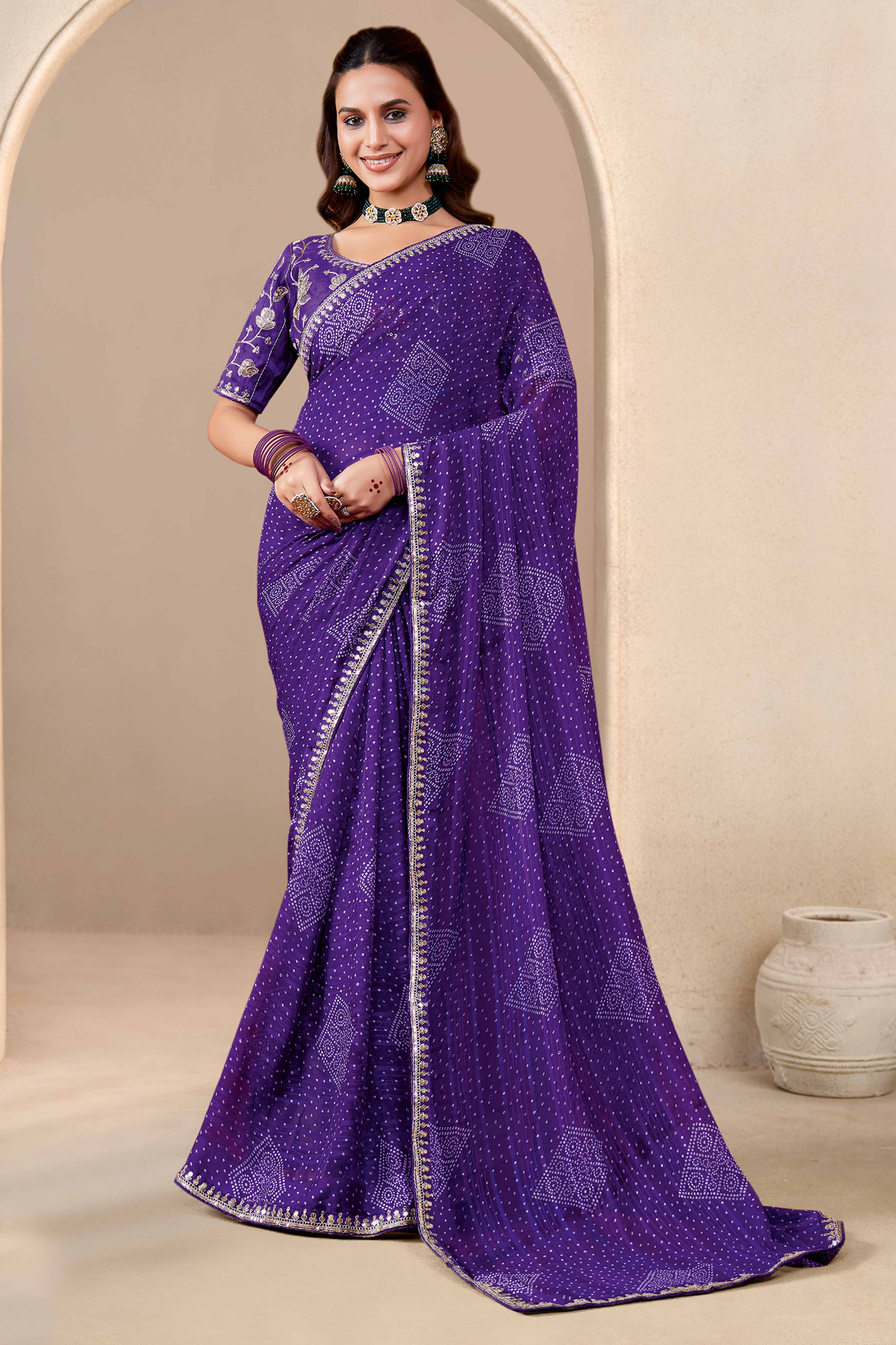 Royal Purple Bandhani Printed Georgette Saree Enhanced With Sequins & Cording Embroidered Border