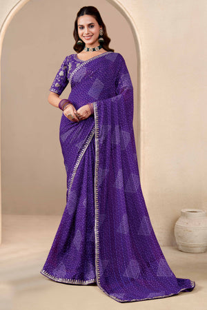 Royal Purple Bandhani Printed Georgette Saree Enhanced With Sequins & Cording Embroidered Border
