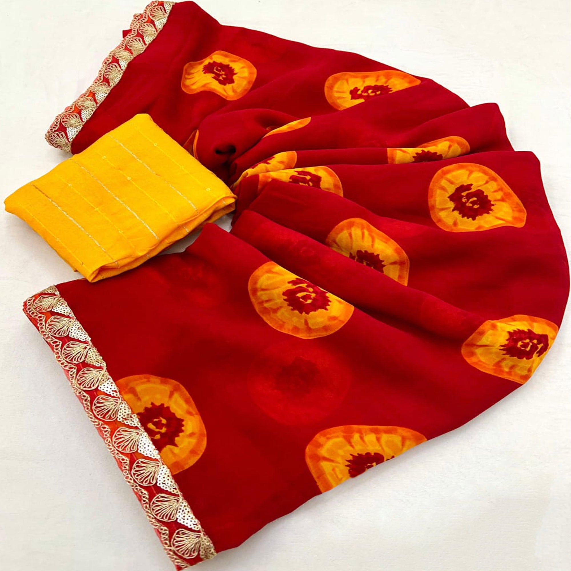 Red Bandhani Printed Georgette Saree With Sequins Border