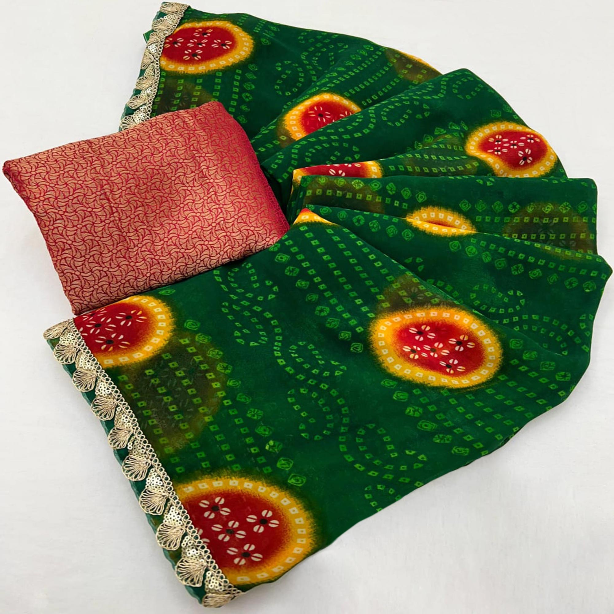Green Bandhani Printed Georgette Saree With Sequins Border