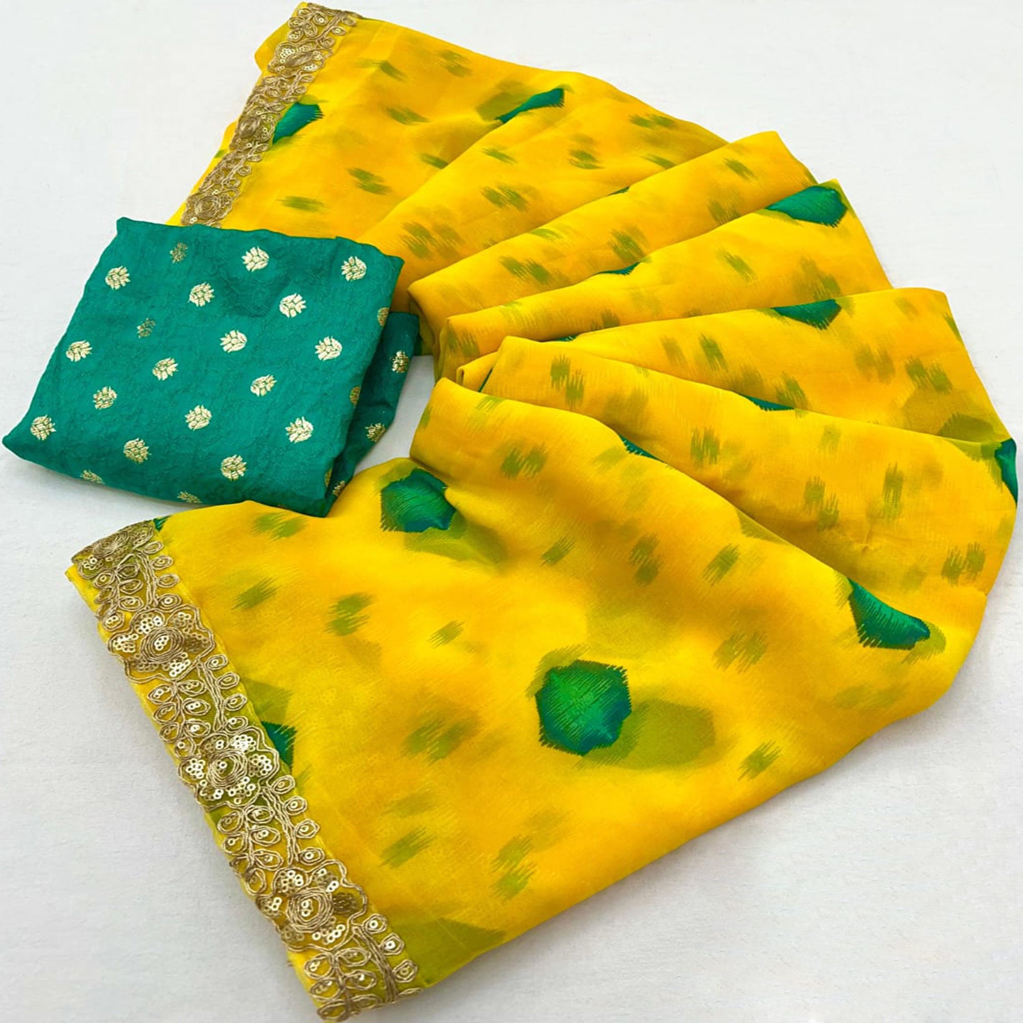 Yellow Bandhani Printed Georgette Saree With Sequins Border
