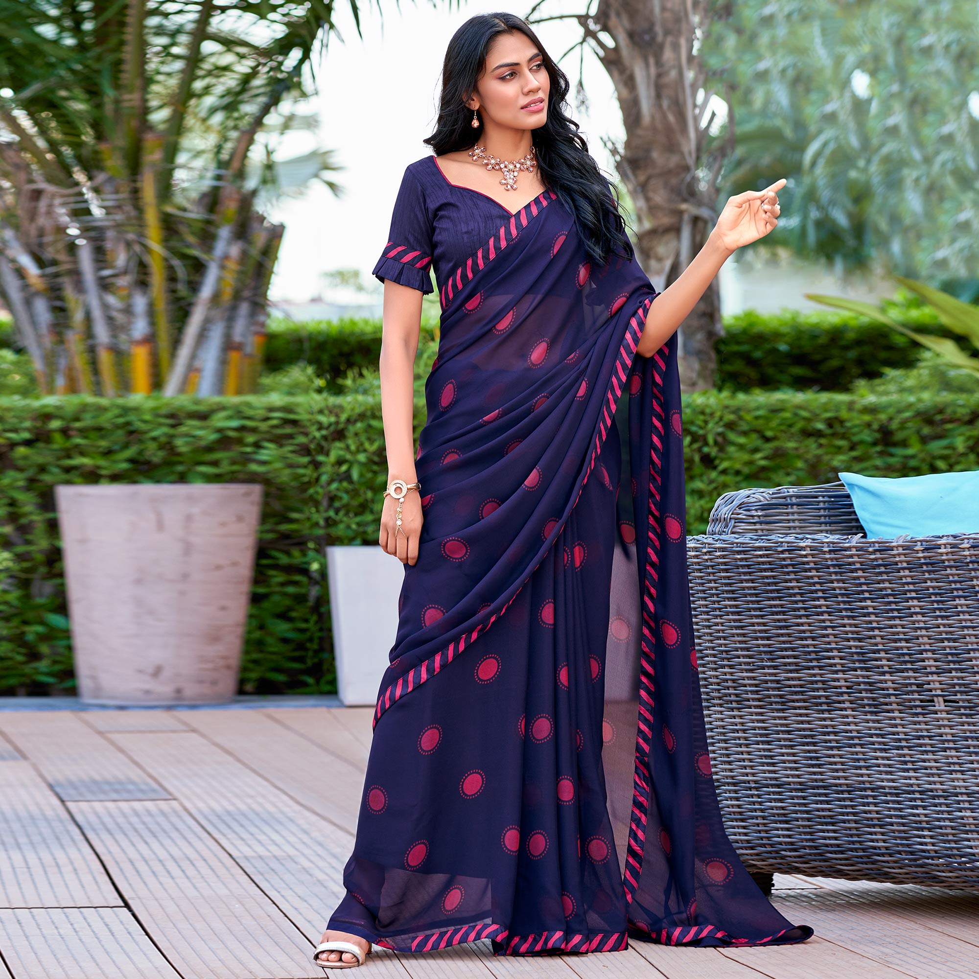 Blue Printed Georgette Saree