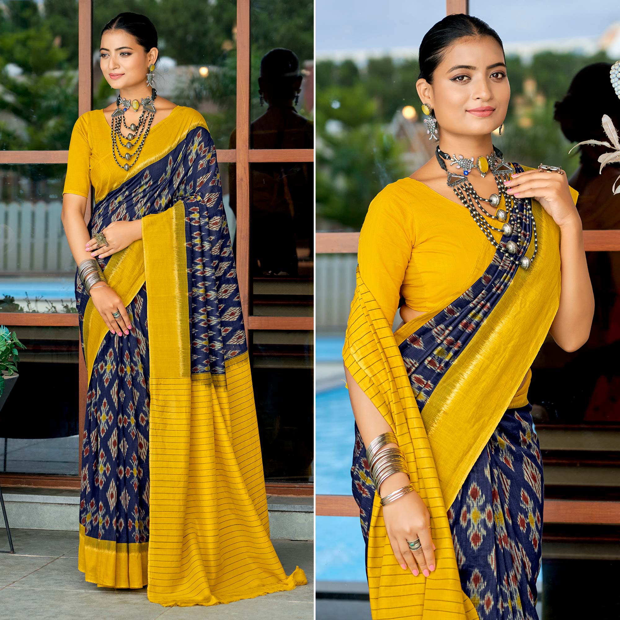 Blue & Mustard Ikkat Printed Mulmul Cotton Saree
