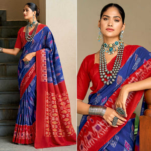 Blue & Red Ikkat Printed Mulmul Cotton Saree