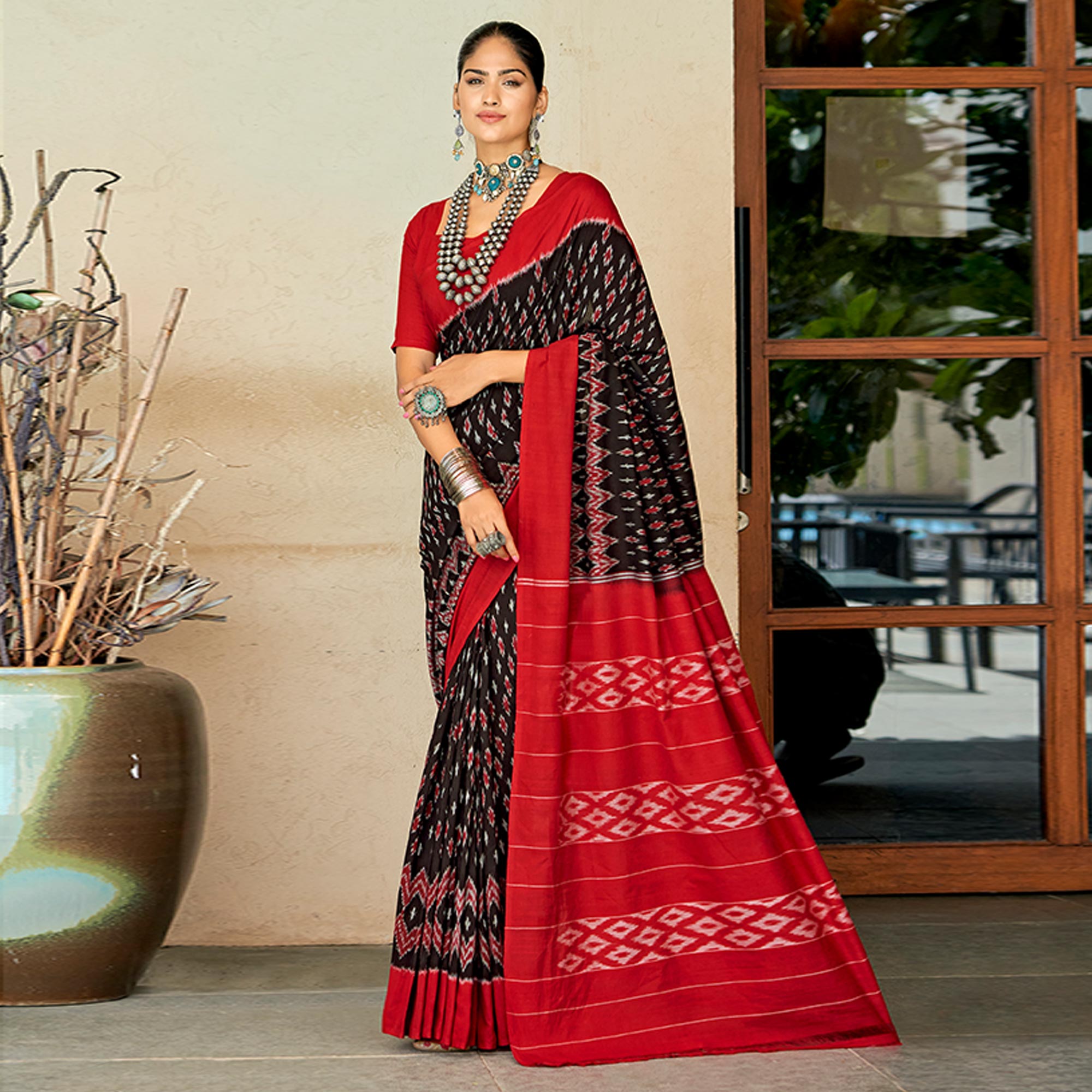 Black & Red Ikkat Printed Mulmul Cotton Saree