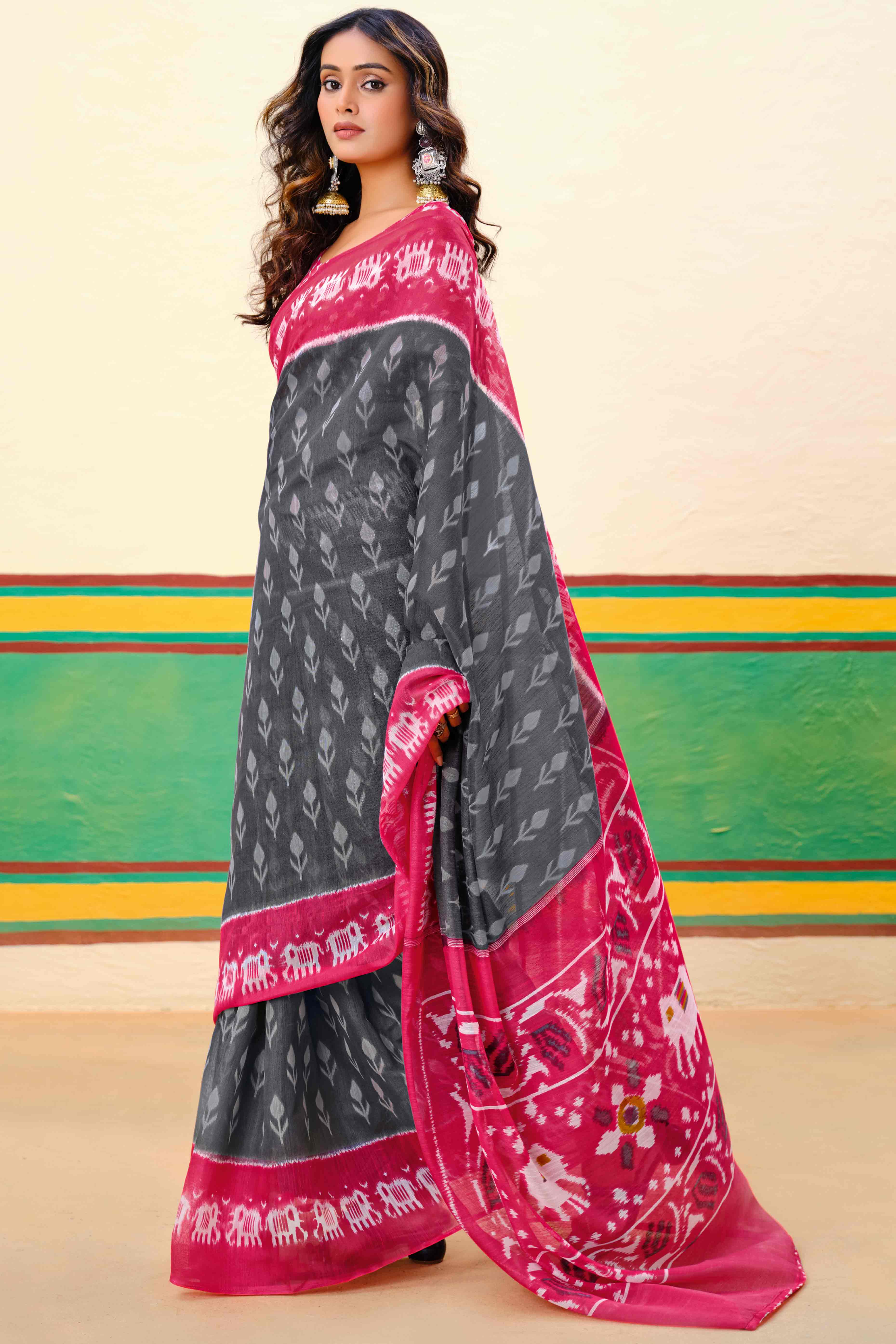 Grey Ikkat Printed Mulmul Cotton Saree