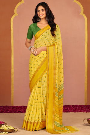 Yellow Partywear Georgette Saree with Floral Prints and Refined Woven Border