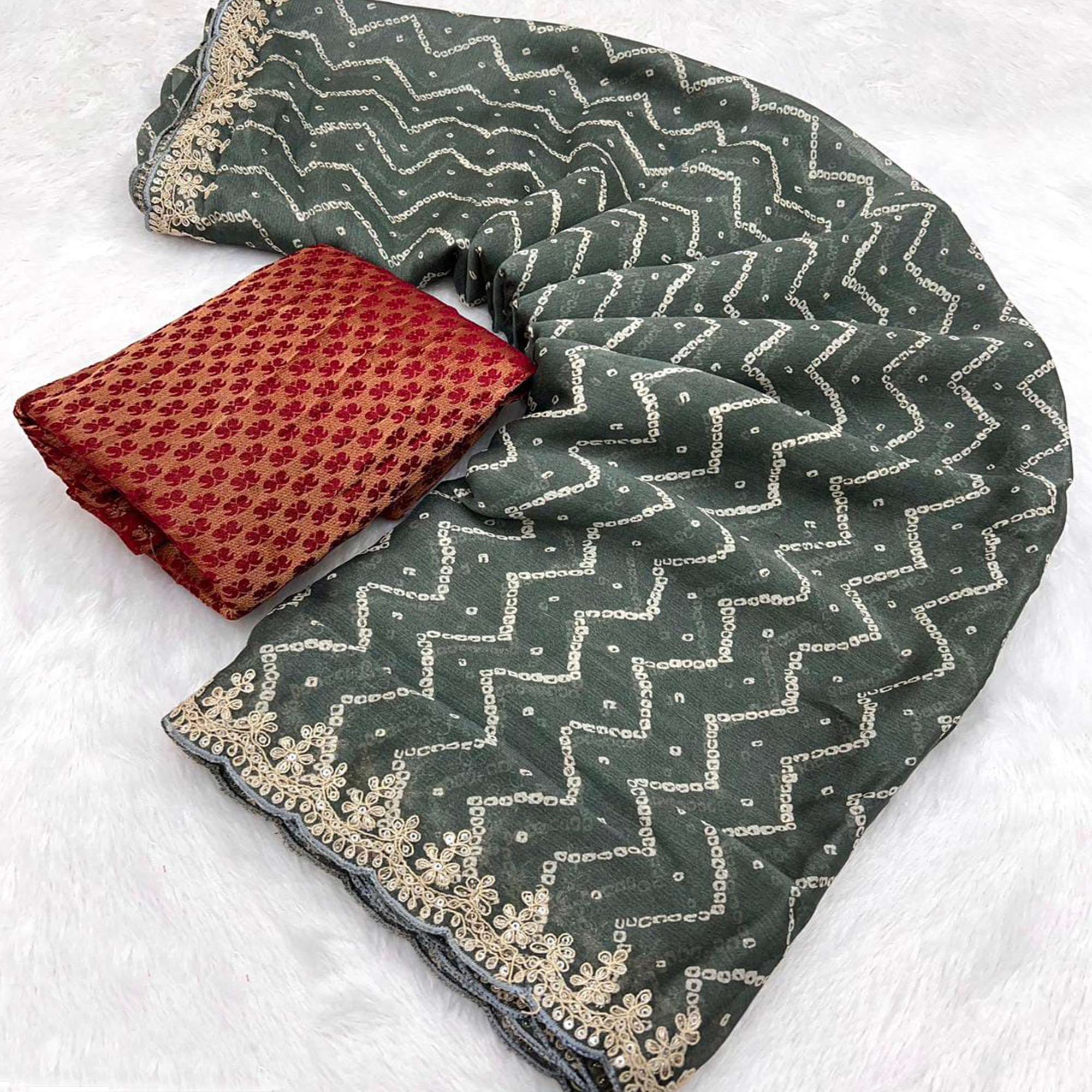 Grey Bandhani Printed Chiffon Saree With Sequins Embroidered Border
