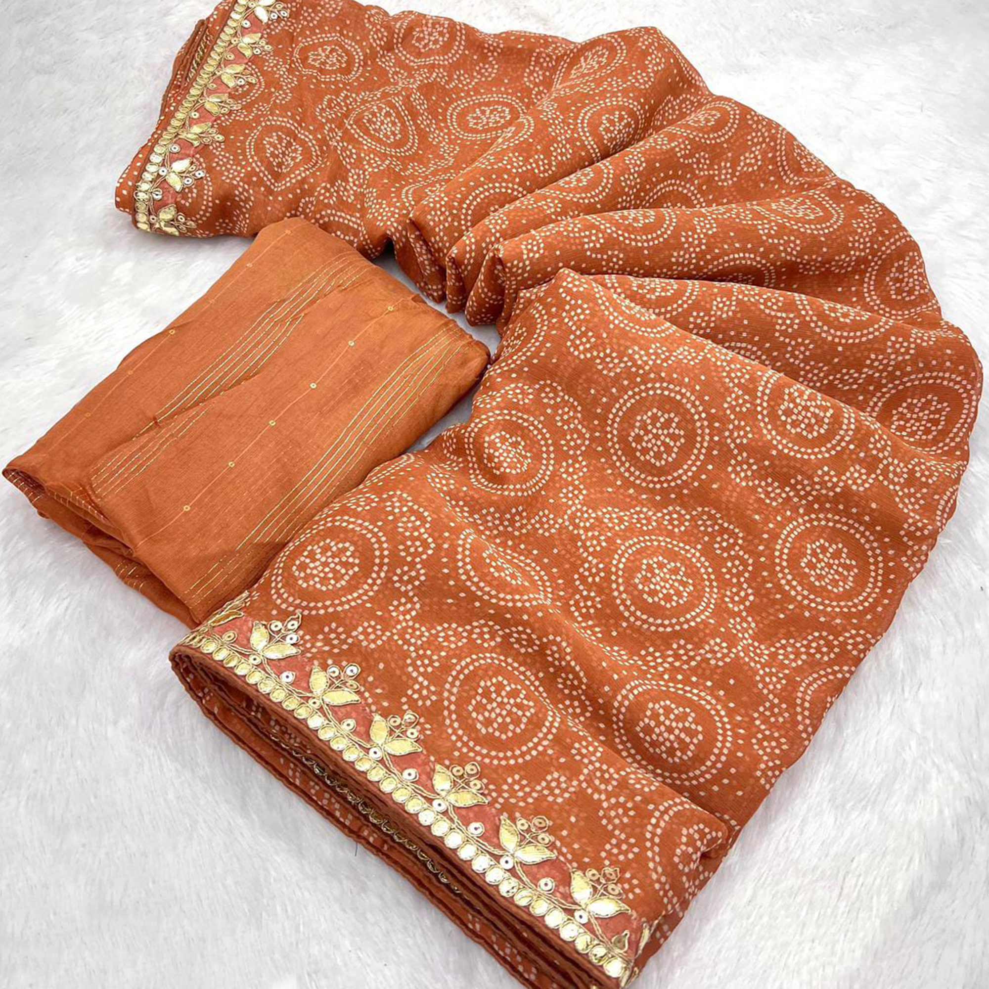 Rust Bandhani Printed Chiffon Saree With Sequins Embroidered Border