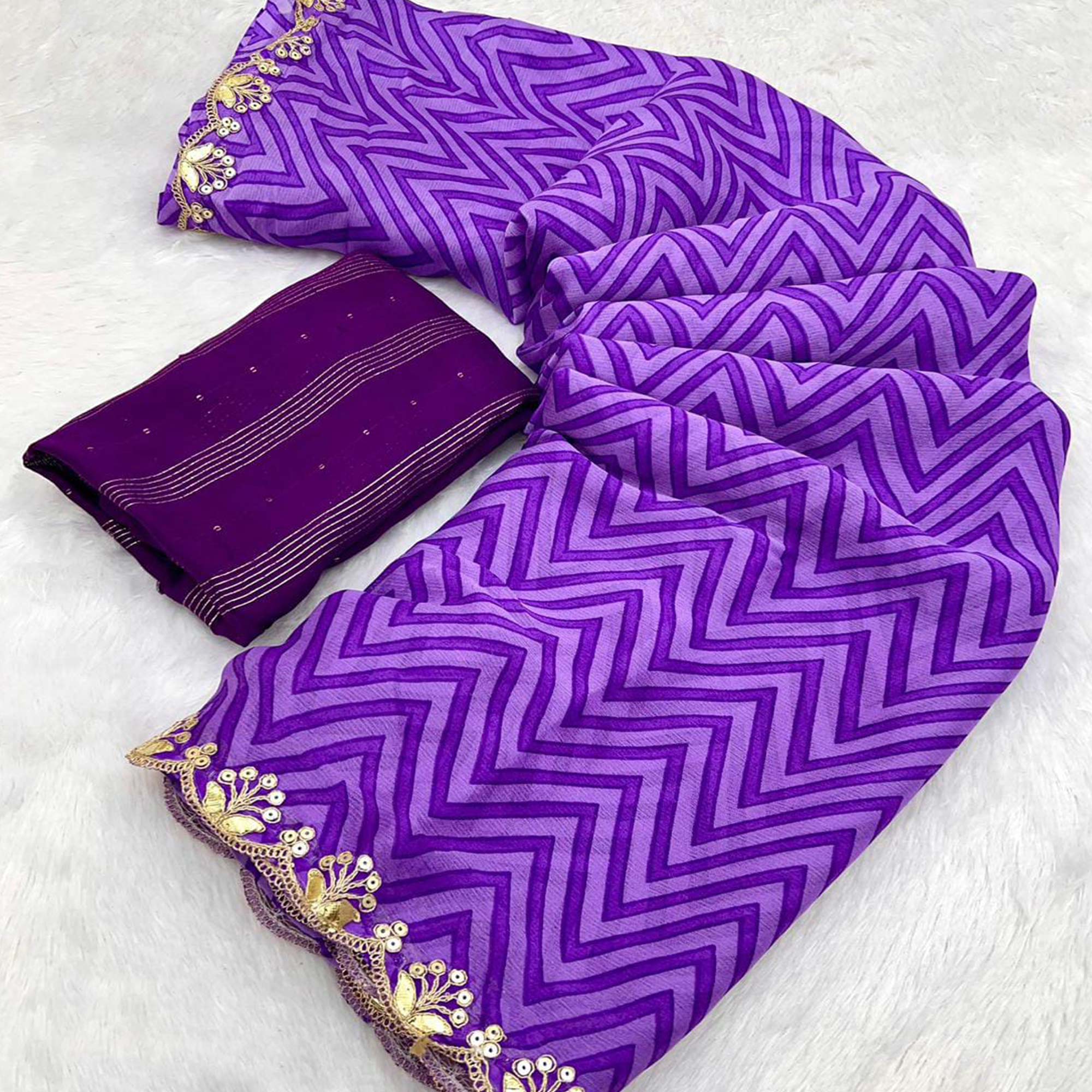 Purple Zig Zag Printed Chiffon Saree With Sequins Embroidered Border