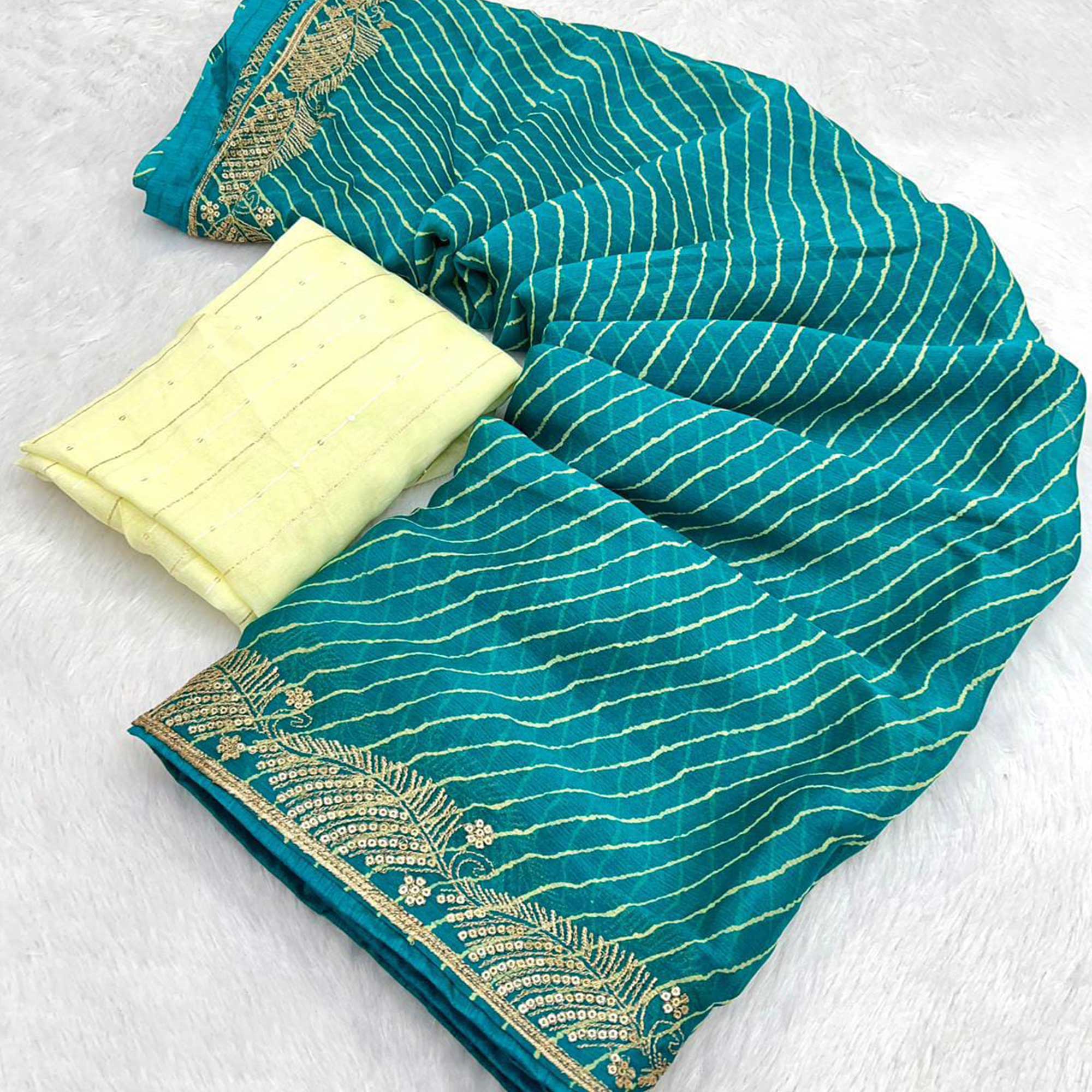 Rama Blue Leheriya Printed Chiffon Saree With Sequins Embroidered Border