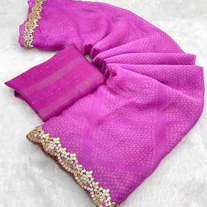 Purple Bandhani Printed Chiffon Saree With Sequins Embroidered Border