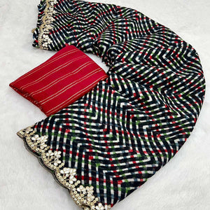 Black Zig Zag Printed Chiffon Saree With Sequins Embroidered Border