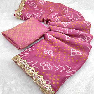 Purple Bandhani Printed Chiffon Saree With Sequins Embroidered Border
