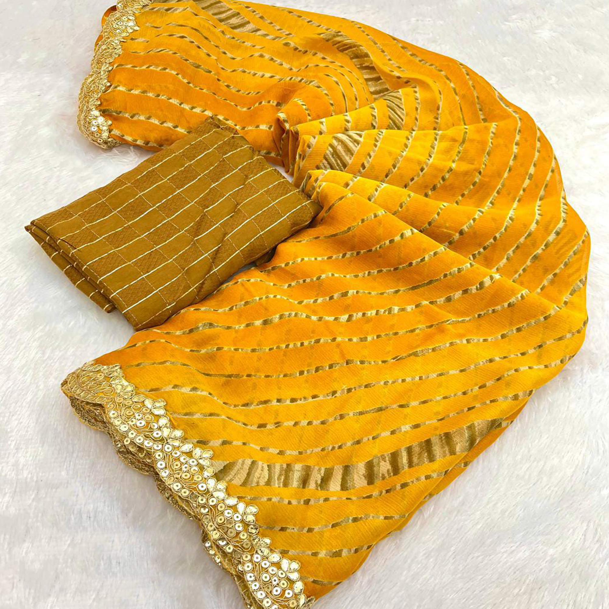 Mustard Striped Printed Chiffon Saree With Sequins Embroidered Border