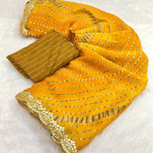 Mustard Striped Printed Chiffon Saree With Sequins Embroidered Border