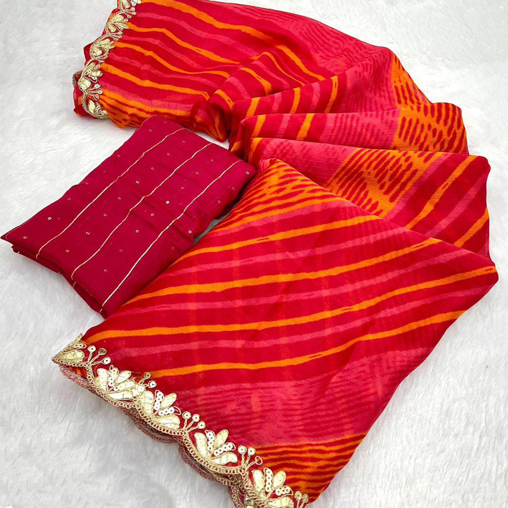 Red Printed Chiffon Saree With Sequins Embroidered Border