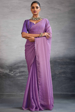 Lavender Solid Organza Jimmy Choo Saree Accentuated With Elegant Cutwork Border Detailing