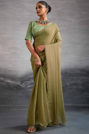 Light Olive Green Solid Organza Jimmy Choo Saree Accentuated With Elegant Cutwork Border Detailing