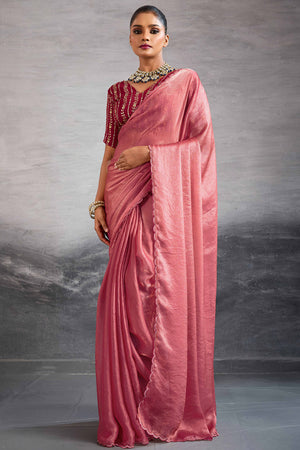 Coral Pink Solid Organza Jimmy Choo Saree Accentuated With Elegant Cutwork Border Detailing