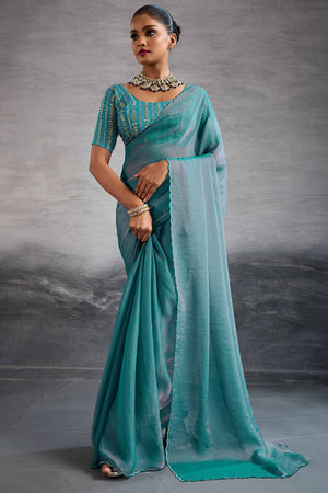 Turquoise Solid Organza Jimmy Choo Saree Accentuated With Elegant Cutwork Border Detailing