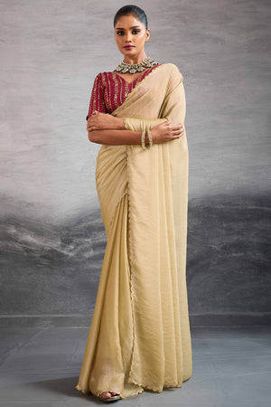 Cream Solid Organza Jimmy Choo Saree Accentuated With Elegant Cutwork Border Detailing