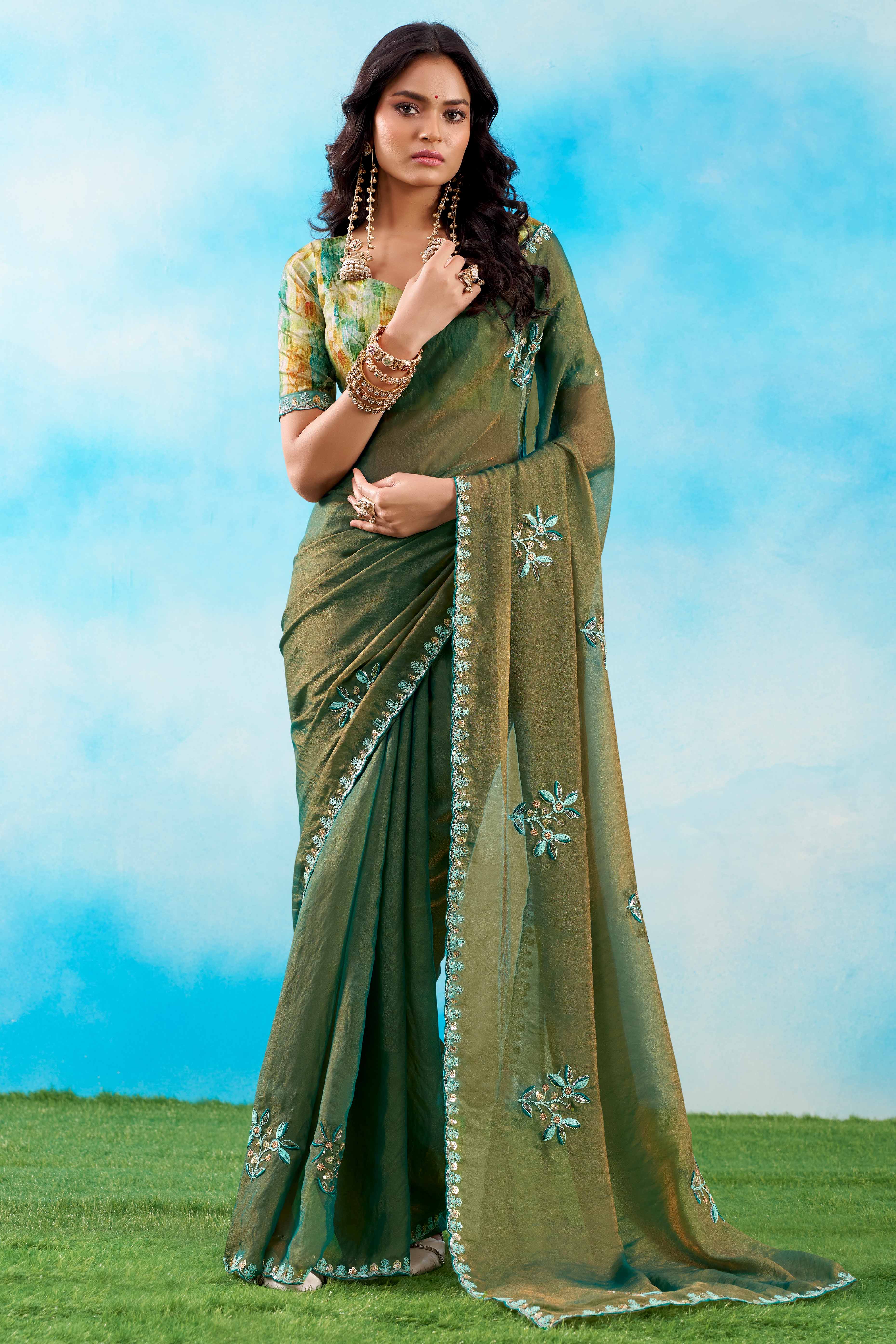Luxurious Olive Green Chiffon Saree Showcasing Floral Sequins Embroidery In A Two Tone Finish