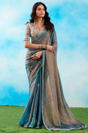 Luxurious Blue Chiffon Saree Showcasing Floral Sequins Embroidery In A Two Tone Finish