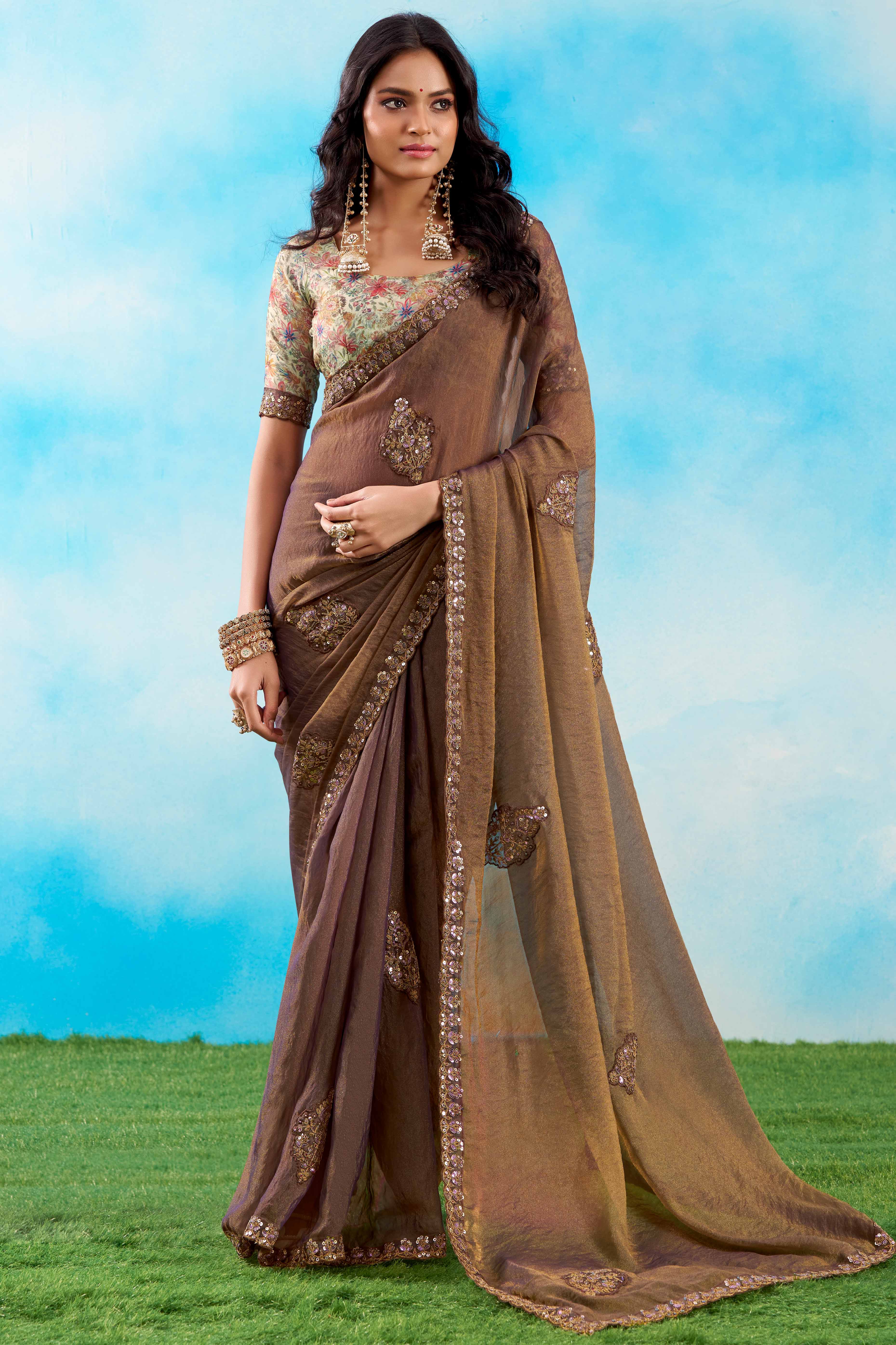 Luxurious Brown Chiffon Saree Showcasing Floral Sequins Embroidery In A Two Tone Finish