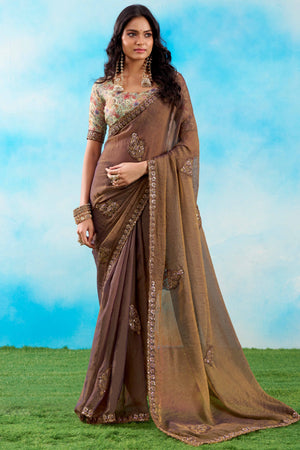 Luxurious Brown Chiffon Saree Showcasing Floral Sequins Embroidery In A Two Tone Finish