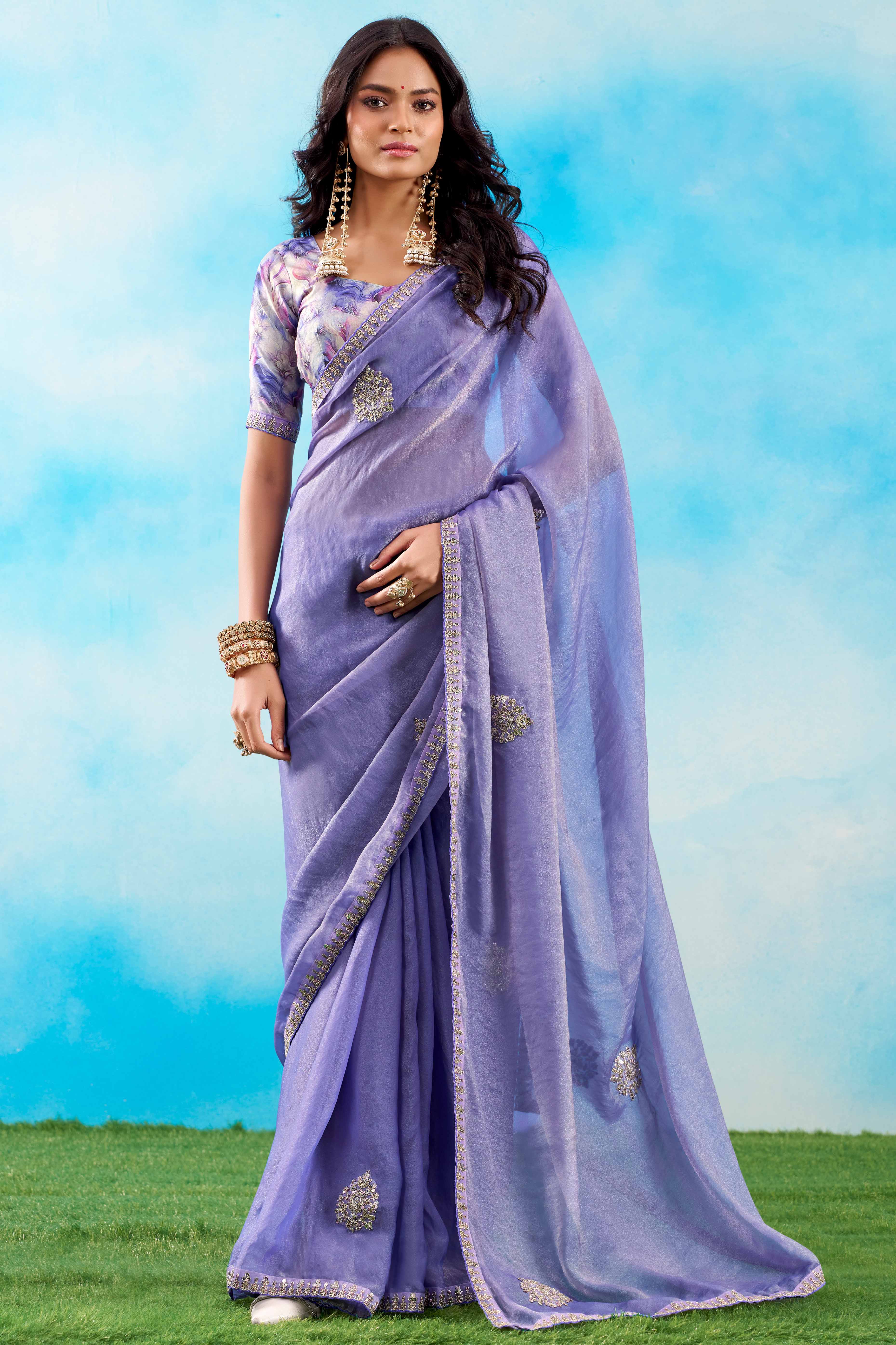 Luxurious Lavender Chiffon Saree Showcasing Floral Sequins Embroidery In A Two Tone Finish