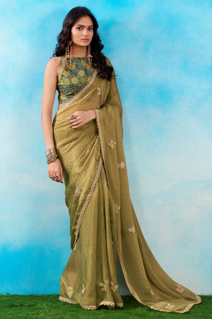 Luxurious Moss Green Chiffon Saree Showcasing Floral Sequins Embroidery In A Two Tone Finish