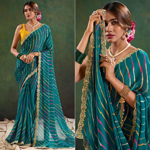 Morpich Green Printed Chiffon Saree With Sequins Border