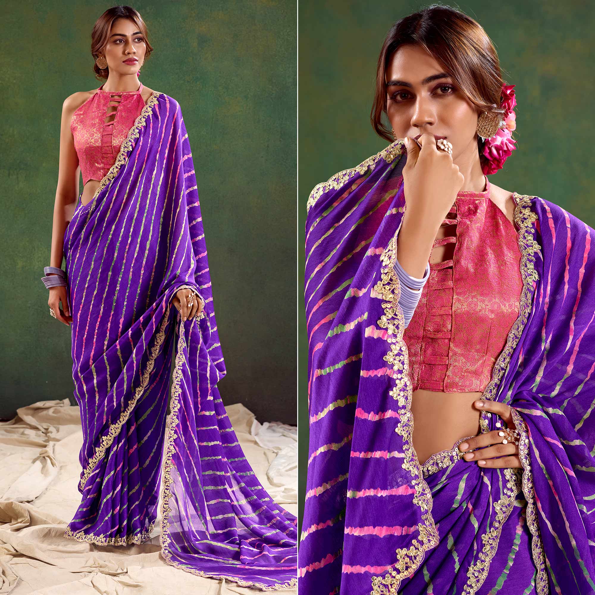 Violet Printed Chiffon Saree With Sequins Border