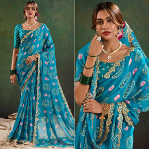 Teal Printed Chiffon Saree With Sequins Border
